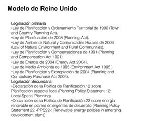 Legislación primaria
• Ley de Planiﬁcación y Ordenamiento Territorial de 1990 (Town
and Country Planning Act).
• Ley de Planiﬁcación de 2008 (Planning Act).
• Ley de Ambiente Natural y Comunidades Rurales de 2006
(Law of Natural Environment and Rural Communities).
• Ley de Planiﬁcación y Compensaciones de 1991 (Planning
and Compensation Act 1991).
• Ley de Energía de 2004 (Energy Act 2004).
• Ley de Medio Ambiente de 1995 (Environment Act 1995 ).
• Ley de Planiﬁcación y Expropiación de 2004 (Planning and
Compulsory Purchase Act 2004).
Legislación Secundaria
• Declaración de la Política de Planiﬁcación 12 sobre
Planiﬁcación espacial local (Planning Policy Statement 12:
Local Spatial Planning).
• Declaración de la Política de Planiﬁcación 22 sobre energía
renovable en planes emergentes de desarrollo (Planning Policy
Statement 22 -PPS22-: Renewable energy policies in emerging
development plans). 
Modelo de Reino Unido
 