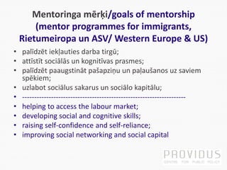 Mentoringa mērķi/goals of mentorship
(mentor programmes for immigrants,
Rietumeiropa un ASV/ Western Europe & US)
• palīdzēt iekļauties darba tirgū;
• attīstīt sociālās un kognitīvas prasmes;
• palīdzēt paaugstināt pašapziņu un paļaušanos uz saviem
spēkiem;
• uzlabot sociālus sakarus un sociālo kapitālu;
• --------------------------------------------------------------------
• helping to access the labour market;
• developing social and cognitive skills;
• raising self-confidence and self-reliance;
• improving social networking and social capital
 
