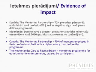 Ietekmes pierādījumi/ Evidence of
impact
• Kanāda: The Mentoring Partnership – 70% pieredzes pārņemēju
nodarbināti savā profesionālā jomā ar augstāku algu nekā pirms
dalības programmā.
• Nīderlande: Dare to have a dream - programma etnisko minoritāšu
uzņemējiem kopš 2010 (pozitīvas atsauksmes no uzņēmējiem).
• -------------------------------------------------------------------------------------
• Canada: The Mentoring Partnership - 70% of mentees employed in
their professional field with a higher salary than before the
programme.
• The Netherlands: Dare to have a dream – mentoring programme for
ethnic minority enterpreneurs, praised by participants.
 