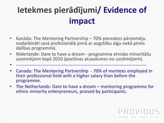 Ietekmes pierādījumi/ Evidence of
impact
• Kanāda: The Mentoring Partnership – 70% pieredzes pārņemēju
nodarbināti savā profesionālā jomā ar augstāku algu nekā pirms
dalības programmā.
• Nīderlande: Dare to have a dream - programma etnisko minoritāšu
uzņemējiem kopš 2010 (pozitīvas atsauksmes no uzņēmējiem).
• -------------------------------------------------------------------------------------
• Canada: The Mentoring Partnership - 70% of mentees employed in
their professional field with a higher salary than before the
programme.
• The Netherlands: Dare to have a dream – mentoring programme for
ethnic minority enterpreneurs, praised by participants.
 