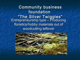 Community business
         foundation
    “The Silver Twiggies”
Entrepreneurship type – Producing
 floristics/hobby materials out of
        woodcutting leftover
 