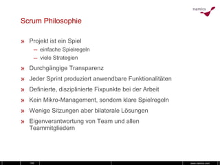 Scrum Philosophie Projekt ist ein Spiel einfache Spielregeln viele Strategien Durchgängige Transparenz Jeder Sprint produziert anwendbare Funktionalitäten Definierte, disziplinierte Fixpunkte bei der Arbeit Kein Mikro-Management, sondern klare Spielregeln Wenige Sitzungen aber bilaterale Lösungen Eigenverantwortung von Team und allen Teammitgliedern 