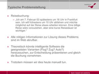 Typische Problemstellung Reisebuchung: „ Ich am 7. Februar 03 spätestens um 16 Uhr in Frankfurt sein. Ich will frühestens um 10 Uhr abfahren und möchte möglichst auf der Reise etwas arbeiten können. Eine billige Reise wäre vorzuziehen, aber eine kurze Reisedauer ist wichtiger.“ Alle nötigen Informationen zur Lösung dieses Problems sind im Web abrufbar. Theoretisch könnte intelligente Software die geeignetsten Varianten (Flug? Zug? Auto?) heraussuchen, zur Entscheidung präsentieren und gleich die Buchung vornehmen. Trotzdem müssen wir dies heute manuell tun. 