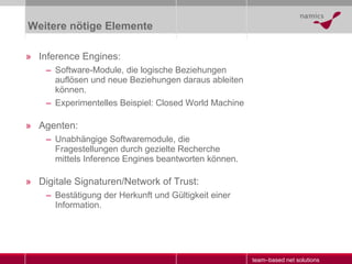 Weitere nötige Elemente Inference Engines: Software-Module, die logische Beziehungen auflösen und neue Beziehungen daraus ableiten können. Experimentelles Beispiel: Closed World Machine Agenten: Unabhängige Softwaremodule, die Fragestellungen durch gezielte Recherche mittels Inference Engines beantworten können. Digitale Signaturen/Network of Trust: Bestätigung der Herkunft und Gültigkeit einer Information. 