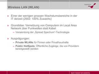 Wireless LAN (WLAN) Einer der wenigen grossen Wachstumsbereiche in der IT derzeit (2002: 100% Zuwachs) Grundidee: Vernetzung von Computern im Local Area Network über Funkwellen statt Kabel Verwendung der „Spread Spectrum“-Technologie Ausprägungen: Private WLANs  für Firmen oder Privathaushalte Public HotSpots : Öffentliche Zugänge, die von Providern bereitgestellt werden 