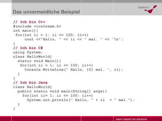 Das unvermeidliche Beispiel <ul><li>// Ich bin C++ </li></ul><ul><li>#include <iostream.h> </li></ul><ul><li>int main(){ <...