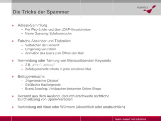 Die Tricks der Spammer Adress-Sammlung  Per Web-Spider und über LDAP-Verzeichnisse Name Guessing: Zufallsversuche Falsche Absender und Titelzeilen Vertuschen der Herkunft Umgehung von Filtern Animation des Users zum Öffnen der Mail Vermeidung oder Tarnung von filterauslösenden Keywords Z.B. „ P0rn “, „ M0ney “ Zufallsgenerierte Inhalte in jeder einzelnen Mail Betrugsversuche „ Nigerianischer Diktator“ Gefälschte Kaufangebote Brand Spoofing: Vortäuschen bekannter Online-Shops Versand aus dem Ausland, dadurch erschwerte rechtliche Durchsetzung von Spam-Verboten Verbindung mit Viren oder Würmern (absichtlich oder unabsichtlich) 