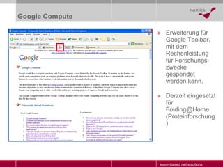 Google Compute Erweiterung für Google Toolbar, mit dem Rechenleistung für Forschungs-zwecke gespendet werden kann. Derzeit eingesetzt für Folding@Home (Proteinforschung) 