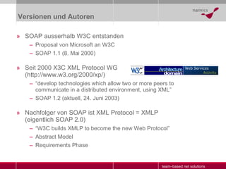 Versionen und Autoren SOAP ausserhalb W3C entstanden Proposal von Microsoft an W3C SOAP 1.1 (8. Mai 2000) Seit 2000 X3C XML Protocol WG ( http://www.w3.org/2000/xp/) “ develop technologies which allow two or more peers to   communicate in a distributed environment, using XML” SOAP 1.2 (aktuell, 24. Juni 2003) Nachfolger von SOAP ist XML Protocol = XMLP (eigentlich SOAP 2.0) “ W3C builds XMLP to become the new Web Protocol” Abstract Model Requirements Phase 