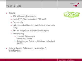 Peer to Peer <ul><li>Skype </li></ul><ul><ul><li>110 Millionen Downloads </li></ul></ul><ul><ul><li>Nach P2P Filesharing j...