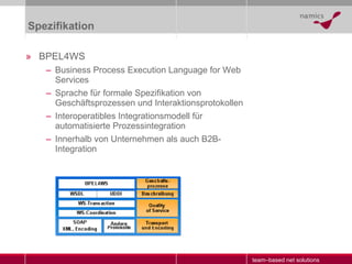 Spezifikation <ul><li>BPEL4WS </li></ul><ul><ul><li>Business Process Execution Language for Web Services </li></ul></ul><u...