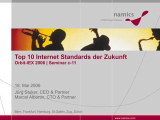 Top 10 Internet Standards der Zukunft Orbit-iEX 2006 | Seminar c-11 18. Mai 2006 Jürg Stuker, CEO & Partner Marcel Albertin, CTO & Partner 