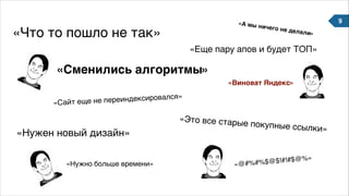 9
«Что то пошло не так»
«Сменились алгоритмы»
«Сайт еще не переиндексировался»
«Это все старые покупные ссылки»
«Еще пару апов и будет ТОП»
«Нужен новый дизайн»
«Виноват Яндекс»
«@#%#%$@$!#!#$@%»
«Нужно больше времени»
«А мы ничего не делали»
 
