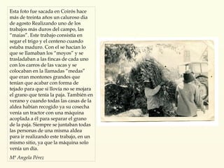 Esta foto fue sacada en Coirós hace más de treinta años un caluroso dia de agosto Realizando uno de los trabajos más duros del campo, las “maias”. Este trabajo consistía en segar el trigo y el centeno cuando estaba maduro. Con el se hacían lo que se llamaban los “moyos” y se trasladaban a las fincas de cada uno con los carros de las vacas y se colocaban en la llamadas “medas” que eran montones grandes que tenían que acabar con forma de tejado para que si llovía no se mojara el grano que tenía la paja. También en verano y cuando todas las casas de la aldea habían recogido ya su cosecha venía un tractor con una máquina acoplada a él para separar el grano de la paja. Siempre se juntaban todas las personas de una misma aldea para ir realizando este trabajo, en un mismo sitio, ya que la máquina solo venía un día. Mª Angela Pérez 