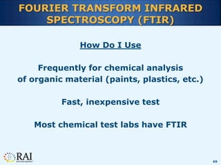 69
FOURIER TRANSFORM INFRARED
SPECTROSCOPY (FTIR)
How Do I Use
Frequently for chemical analysis
of organic material (paint...