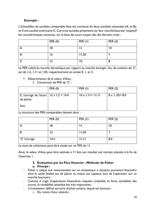 18
Exemple :
L’échantillon de sociétés comparable Axis est constitué de deux sociétés nationales (A, et B),
et d’une société américaine C. Ces trois sociétés présentent sur leur marché boursier respectif
les caractéristiques suivantes, sur la base de cours moyen des dix derniers mois :
PER (0) PER (1) PER (2)
A 18 11 10
B 12 11,50 7
C 12 10 8
Le PER relatif du marché domestique par rapport au marché étranger, lieu de cotation de ‘C’,
est de 1,2, 1,11 et 1,05, respectivement en année 0, 1, et 2.
•! Détermination de la valeur d’Axis :
1.! Conversion de PER de ‘C’ :
PER (0) PER (1) PER (2)
C (corrigé de l’écart
de place)
Soit
12 x 1,2 = 14,4 10 x 1,11= 11,11 8 x 1, 05= 8,4
La structure des PER comparables devient donc :
PER (0) PER (1) PER (2)
A 18 11 10
B 12 11,50 7
‘C’ Corrigé 14,4 11,11 8,4
La zone de cohérence peut être située sur un PER de 11.
Ainsi, la valeur d’Axis peut être estimée à 11 fois son résultat net retraité attendu à la fin de
l’exercice 1.
2.! Evaluation par les Flux financier : Méthode de Fisher
a.! Principe :
!! Fisher a calqué son raisonnement sur un investisseur à vocation purement financière
dont la seule finalité est de placer au mieux ses capitaux (cas de l’opérateur sur un
marché boursier) ;
!! Comme il s’agit d’opérations financières risquées (volatilité et forte sensibilité des
cours), la rentabilité attendue est très importante ;
!! L’investisseur définie son prix d’achat unitaire, lequel est fonction :
o! Du revenu futur attendu ;
 