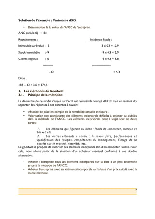 7
Solution de l’exemple : l’entreprise AXIS
•! Détermination de la valeur de l’ANCC de l’entreprise :
ANC (année 0) : 183
Retraitements : Incidence fiscale :
Immeuble surévalué : 3 3 x 0,3 = -0,9
Stock invendable : -9 -9 x 0,3 = 2,9
Clients litigieux : -6 -6 x 0,3 = 1,8
---------- -------------------
-12 + 5,4
D’où :
183 – 12 + 3,6 = 174,6
3.! Les méthodes du Goodwill :
3.1.! Principe de la méthode :
La démarche de ce model s’appui sur l’actif net comptable corrigé ANCC tout en tentant d’y
apporter des réponses à ses carences à savoir :
•! Absence de prise en compte de la rentabilité actuelle et future ;
•! Valorisation non satisfaisante des éléments incorporels difficiles à estimer ou oubliés
dans la méthode de l’ANCC. Les éléments incorporels dont il s’agit sont de deux
sortes :
1.! Les éléments qui figurent au bilan : fonds de commerce, marque et
brevet, etc.
2.! Les autres éléments à savoir : le savoir faire, performances et
qualification des équipes, compétences du management, l’image de la
société sur le marché, notoriété, etc.
Le goodwill se propose de valoriser ces éléments incorporels afin d’en démonter l’utilité. Pour
cela, nous allons partir de la situation d’un acheteur éventuel confronté à une double
alternative :
!! Acheter l'entreprise sous ses éléments incorporels sur la base d’un prix déterminé
grâce à la méthode de l’ANCC.
!! Acheter l’entreprise avec ses éléments incorporels sur la base d’un prix calculé avec la
même méthode.
 
