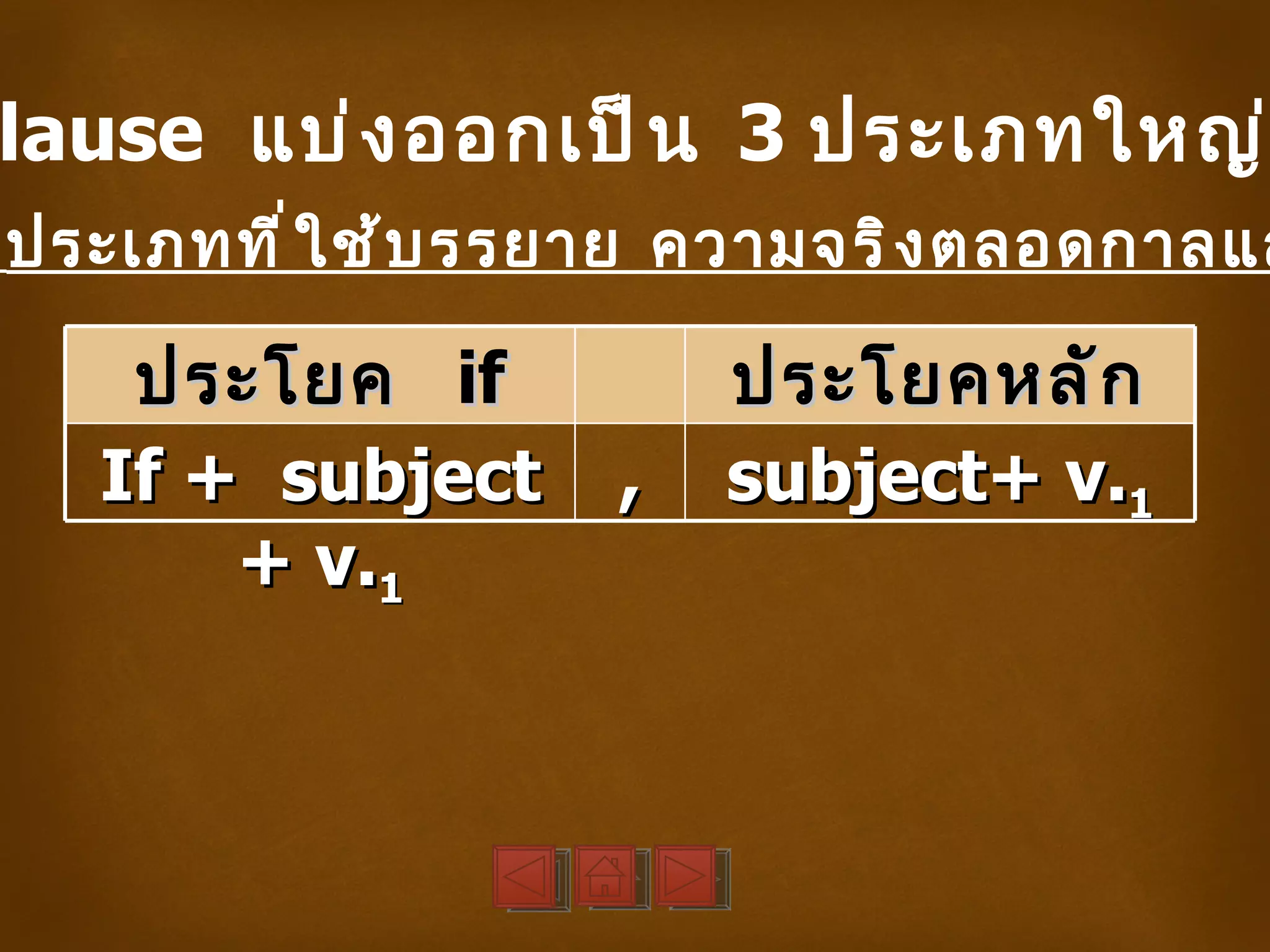 lause แบ่ ง ออกเป็ น 3 ประเภทใหญ่
ประเภทที ่ ใ ช้ บ รรยาย ความจริ ง ตลอดกาลแล

    ประโยค if           ประโยคหลั ก
   If + subject     ,   subject+ v.1
       + v.1
 