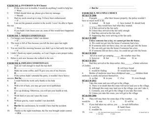 EXERCISE 6: INVERSION in IF-Clauses
1.
If she were ever in trouble, I would do anything I could to help her.
-> Were …………………………………………………
2.
If Bob should show up, please give him my message.
-> Should ……..…………………………………………
3.
Had my uncle stood up to sing, I’d have been embarrassed.
-> If …………………………………………………….
4.
I am not the greatest scientist in the world. I won’t be able to figure
this out.
-> Were ………………………………………………
5.
If you hadn’t lent Jason your car, none of this would have happened.
-> Had ….………………………………………………
EXERCISE 7: MIXED CONDITONALS
1. I’m hungry now because I didn’t eat dinner.
-> If ……….…………………………………………
2. The room is full of flies because you left the door open last night.
-> If ….….…………………………………………
3. You are tired this morning because you didn’t go to bed early last night.
-> If …….…………………………………………
4. I didn’t finish my report yesterday, so I can’t begin a new project today.
-> If ….…………………………………………
5. Helen is sick now because she walked in the rain.
-> If ……….….…………………………………………
EXERCISE 8: IMPLIED CONDITIONALS
1.
Jack isn’t tall enough to reach the top shelf.
If............................................................................................
2.
Make me some coffee, and I’ll give you one of my biscuits.
If.............................................................................................
3.
If the actress hadn’t attended the party, it wouldn’t have been a
success. But for.........................................................................
4.
I could finish the work early thanks to his help
If ……………………………………………………
5.
With a lot of luck, you may get your novel published.
If…………………………………………………………
6.
Give up drinking. Otherwise, you will put your health at risk.
If ……………………………………………………
7.
Work hard or you can’t pass the exam.
If ……
8.
Without gravity, water wouldn’t run downhill.
If ………………………………………………
9.
But for his carelessness, he wouldn’t have had the accident.
If …………………….
10.
Thanks to the night-watchman, the fire was brought under control.
-> If it …………………………………………….

……………………………………………………..
-> But for ……………………………………………
…………………………………………………………
EXERCISE 9: MULTIPLE CHOICE
Đề thi CD 2008
1.
If people ______ after their houses properly, the police wouldn’t
have so much work to do.
A. looked
B. look
C. have looked D. should look
2.
_______, they would have had what they wanted.
A. If they arrived at the fair early
B. Unless they arrived at the fair early enough
C. Had they arrived at the fair early
D. Supposing they were arriving at the fair early
Đề thi CD 2009
3.
Unless someone has a key, we cannot get into the house.
A. We could not get into the house if someone had a key.
B. If someone does not have a key, we can only get into the house.
C. We can only get into the house if someone has a key.
D. If someone did not have a key, we could not get into the house.
Đề thi CD 2010
4.
All of us won't go camping ______ the weather stays fine.
A. however
B. but
C. unless
D. so
Đề thi CD 2011
5.
Had they arrived at the shop earlier, they_______ a better selection
of clothes.
A. will find
B. will have found
C. would be finding
D. would have found
6.
Bottles of medicine must have childproof caps_____ children think
medicine is candy and poison themselves.
A. so that
B. in case
C. if so
D. even though
Đề thi CD 2012
7.
Take this route and you will get to the village.
A. There is no doubt that this route will never lead you to the village.
B. Although this route may lead you to the village, you can’t take it.
C. Certainly, you will get to the village if you take this route.
D. Unless you take this route, you will get to the village
Đề thi ĐH 2006
8.
They will stay there for some days if the weather ……fine.
A.
would be
B. was
C. is
D. will be
9.
If you had taken my advice, you ……in such difficulties
A. won't be
B. hadn't been
C. wouldn't be
D. wouldn't have been
10.
If she ………… rich, she would travel around the world.
A. would be B. is
C. has been

D. were

 