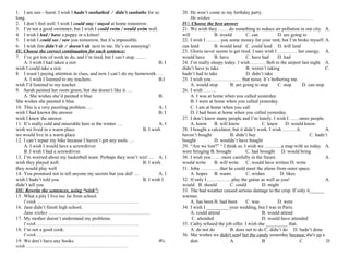 1. I am sun – burnt. I wish I hadn’t sunbathed / didn’t sunbathe for so
long.
2. I don’t feel well. I wish I could stay / stayed at home tomorrow.
3. I’m not a good swimmer, but I wish I could swim / would swim well.
4. I wish I had / have a puppy or a kitten!
5. I wish I could see / saw you tomorrow, but it’s impossible.
6. I wish Jim didn’t sit / doesn’t sit next to me. He’s so annoying!
II/. Choose the correct continuation for each sentence:
7. I’ve got lots of work to do, and I’m tired, but I can’t stop. ……
A. I wish I had taken a rest
B. I
wish I could take a rest.
8. I wasn’t paying attention in class, and now I can’t do my homework. …
A. I wish I listened to my teachers.
B.I
wish I’d listened to my teacher.
9. Sarah painted her room green, but she doesn’t like it. …
A. She wishes she’d painted it blue
B.
She wishes she painted it blue
10. This is a very puzzling problem. …
A. I
wish I had known the answer
B. I
wish I knew the answer.
11. It’s really cold and miserable here in the winter. …
A. I
wish we lived in a warm place
B. I wish
we would live in a warm place
12. I can’t repair my bike because I haven’t got any tools. …
A. I wish I would have a screwdriver
B. I wish I had a screwdriver.
13. I’m worried about my basketball team. Perhaps they won’t win! … A. I
wish they played well.
B. I wish
they would play well
14. You promised not to tell anyone my secrets but you did! …
A. I
wish I hadn’t told you
B. I wish I
didn’t tell you.
III/. Rewrite the sentences, using “wish”:
15. What a pity I live too far from school.
I wish ………………………………………………………
16. Jane didn’t finish high school.
Jane wishes ………………………………………………………
17. My mother doesn’t understand my problems.
I wish ………………………………………………………
18. I’m not a good cook.
I wish ………………………………………………………
19. We don’t have any books.
We
wish ………………………………………………………

20. He won’t come to my birthday party.
He wishes ………………………………………………………
IV/. Choose the best answer
21. We wish they …… do something to reduce air pollution in our city. A.
will
B. would
C. can
D. are going to
22. I wish I ………you some money for your rent, but I’m broke myself. A.
can lend
B. would lend C. could lend D. will lend
23. Gloria never seems to get tired. I sure wish I ………… her energy. A.
would have
B. have
C. have had
D. had
24. I’m really sleepy today. I wish ……… Bob to the airport last night. A.
didn’t have to take
B. weren’t taking
C.
hadn’t had to take
D. didn’t take
25. I wish you ……………… that noise. It’s bothering me.
A. would stop
B. are going to stop
C. stop
D. can stop
26. I wish ……..
A. I was at home when you called yesterday.
B. I were at home when you called yesterday.
C. I am at home when you call
D. I had been at home when you called yesterday.
27. I don’t know many people and I’m lonely. I wish I ……more people.
A. know B. will know
C. knew
D. would know.
28. I bought a calculator, but it didn’t work. I wish ………it.
A.
haven’t bought
B. didn’t buy
C. hadn’t
bought
D. wouldn’t have bought
29. “Are we lost?” “ I think so. I wish we ………..a map with us today. A.
were bringing B. brought
C. had brought D. would bring
30. I wish you ……more carefully in the future.
A.
would write
B. will write
C. would have written D. write
31. John …………that he could meet the aliens from outer space.
A. hopes B. wants
C. wishes
D. likes
32. If only I ……………play the guitar as well as you!
A.
would B. should
C. could
D. might
33. The bad weather caused serious damage to the crop. If only it______
warmer.
A. has been B. had been
C. was
D. were
34. I wish I _________ your wedding, but I was in Paris.
A. could attend
B. would attend
C. attended
D. would have attended
35. Cathy refused the job offer. I wish she _________ that.
A. do not do
B. does not to do C. didn’t do D. hadn’t done
36. She wishes we didn't send her the candy yesterday because she's on a
diet.
A
B
C
D

 