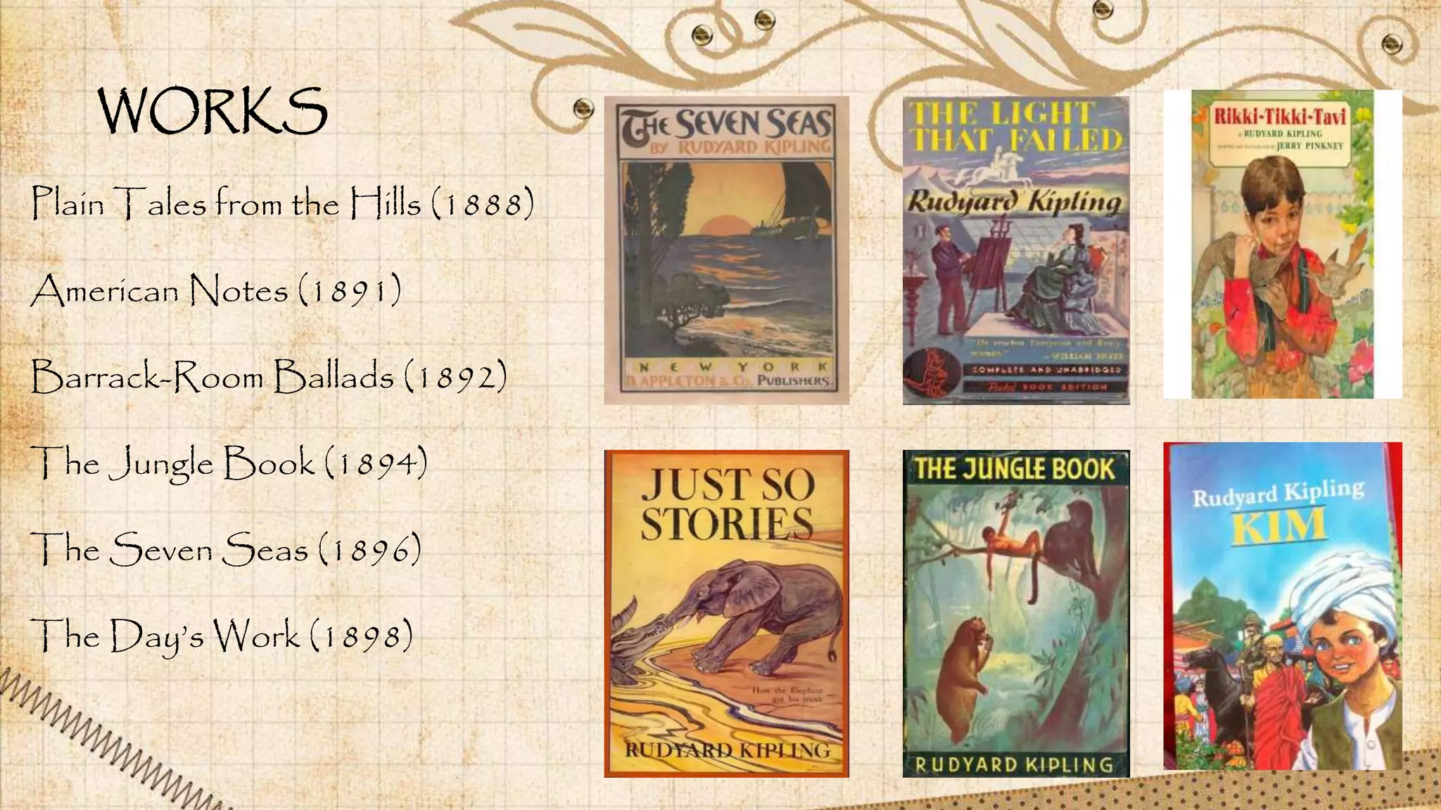 WORKS
Plain Tales from the Hills (1888)
American Notes (1891)
Barrack-Room Ballads (1892)
The Jungle Book (1894)
The Seven Seas (1896)
The Day’s Work (1898)
 