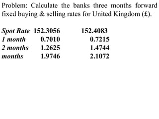 Problem: Calculate the banks three months forward
fixed buying & selling rates for United Kingdom (£).
Spot Rate 152.3056 152.4083
1 month 0.7010 0.7215
2 months 1.2625 1.4744
months 1.9746 2.1072
 