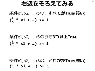 右辺をそろえてみる
条件x1, x2, …, x5の、すべてがTrue(弱い)
(
𝟏
𝟓
* x1 + …) >= 1
条件x1, x2, …, x5のうち3つ以上True
(
𝟏
𝟑
* x1 + …) >= 1
条件x1, x2, …, ...