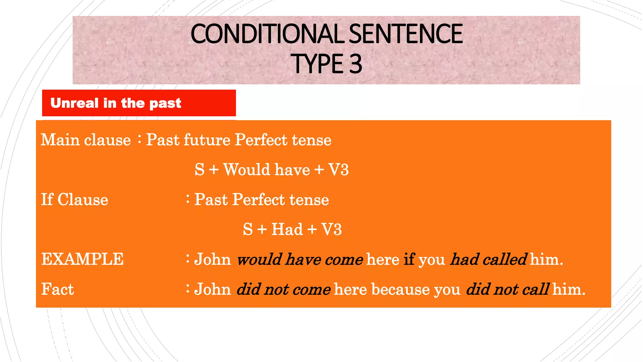 CONDITIONALSENTENCE
TYPE3
Main clause : Past future Perfect tense
S + Would have + V3
If Clause : Past Perfect tense
S + Had + V3
EXAMPLE : John would have come here if you had called him.
Fact : John did not come here because you did not call him.
Unreal in the past
 