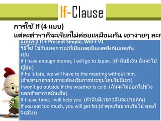 การใช้ If (4 แบบ)
แต่ละตาราก็จะเรียกไม่ค่อยเหมือนกัน เอาง่ายๆ ละก
แบบที่ 2 If + Present Simple, Will + V1
วิธีใช้ ใช ้กับเหตุการณ์ที่เป็ นเหตุเป็ นผลซึ่งกันและกัน
เช่น
If I have enough money, I will go to Japan. (ถ ้าฉันมีเงิน ฉันจะไป
ญี่ปุ่ น)
If he is late, we will have to the meeting without him.
(ถ ้าเขามาสาย เราจะต ้องเริ่มการประชุมโดยไม่มีเขา)
I won’t go outside if the weather is cold. (ฉันจะไม่ออกไปข ้าง
นอกถ ้าอากาศมันเย็น)
If I have time, I will help you. (ถ ้าฉันมีเวลา ฉันจะช่วยคุณ)
If you eat too much, you will get fat (ถ ้าคุณกินมากเกินไป คุณก็
จะอ ้วน)
 