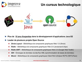 improve                                           Un cursus technologique
                foundations




               Plus de 15 ans d'expertise dans la développement d'applications Java EE
               Leader de plusieurs projets Open Source
                       Struts Layout – Bibliothèque de composants graphiques Web 1.0 (Struts)
                       Rialto – Bibliothèque de composants graphiques Web 2.0 (Javascript & Ajax)
                       Rialto GWT – Bibliothèque de composants graphiques Web 2.0 (Google Web Toolkit)
                       XDI – Échanges de données via des flux XML (synchronisation de bases de données)
                       Monoï – Bibliothèque de composants graphiques Client Rich (Eclipse RCP & SWT/JFace)

Improve Foundations – Plaquette de présentation      www.improve-foundations.com                              3
 