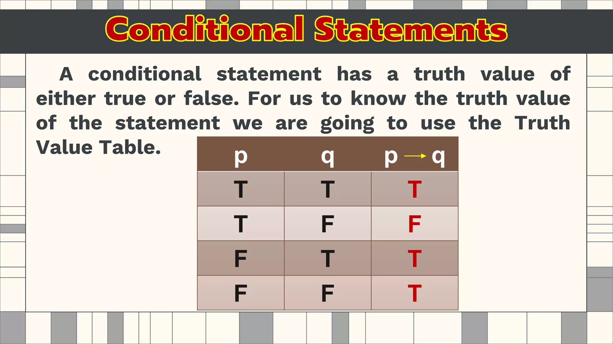 A conditional statement has a truth value of
either true or false. For us to know the truth value
of the statement we are going to use the Truth
Value Table. p q p q
T T T
T F F
F T T
F F T
 