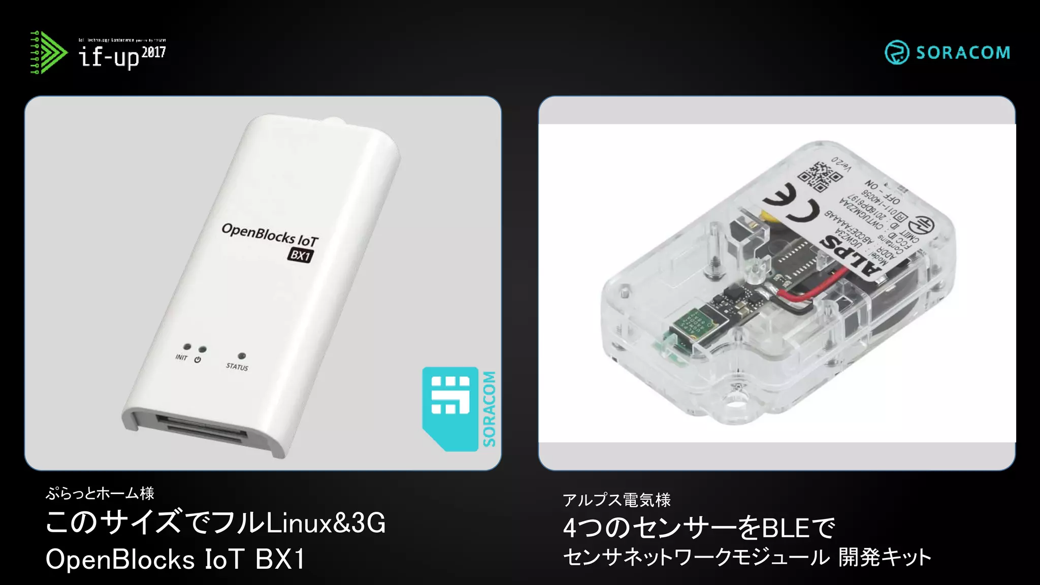 ぷらっとホーム様
このサイズでフルLinux&3G
OpenBlocks IoT BX1
アルプス電気様
4つのセンサーをBLEで
センサネットワークモジュール 開発キット
 