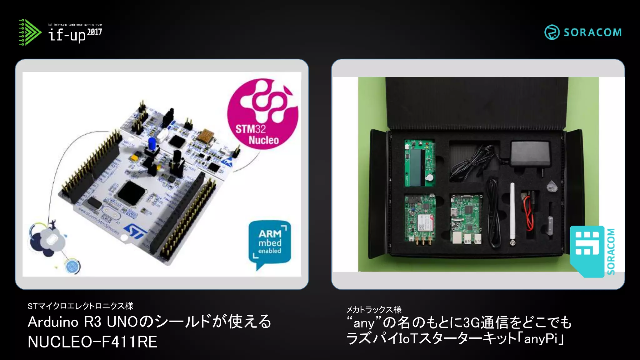 STマイクロエレクトロニクス様
Arduino R3 UNOのシールドが使える
NUCLEO-F411RE
メカトラックス様
“any”の名のもとに3G通信をどこでも
ラズパイIoTスターターキット「anyPi」
 