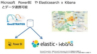Microsoft PowerBI や Elasticsearch ｘ Kibana
とデータ連携可能
GeoSTRATOS
Microsoft PowerBIは、米国 Microsoft Corporation およびその関連会社の商標です
Elasticsearch ,Kibana, は，Elasticsearch BVの米国およびその他の国における登録 商標または商標です
ｘ
 