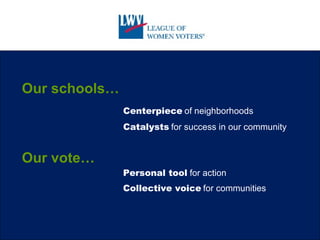 Our vote… Personal tool Collective voice for action for communities Our schools… Centerpiece of neighborhoods Catalysts for success in our community 