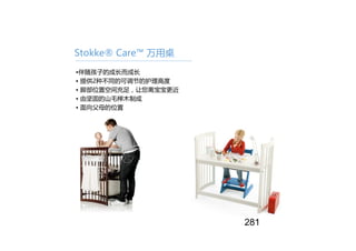Stokke® Care™ 万用桌
•伴随孩子的成长而成长
• 提供2种不同的可调节的护理高度
• 脚部位置空间充足，让您离宝宝更近
• 由坚固的山毛榉木制成
• 面向父母的位置
281
 