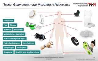 12
MicroMountains Applications AG
Innovationforum Smarte Technologien & Systeme
25.02.2015
TREND: GESUNDHEITS- UND MEDIZINISCHE WEARABLES
Blutdruck
Blutsauerstoffgehalt - SpO2
Bewegung
Puls Atmung
www.ti.com
Elektrokardiogramm
Temperatur
Metabolisches Äquivalent
Schlafzyklus
Herzrhythmus
Ganganalyse
Gewicht- und Druckverteilung
Blutzucker
 