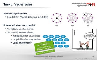 16
MicroMountains Applications AG
Innovationforum Smarte Technologien & Systeme
25.02.2015
TREND: VERNETZUNG
Vernetzungstheorien
 Bsp: Telefon / Social Networks (z.B. XING)
Kommunikation entscheidet
 Vernetzung von Menschen
 Vernetzung von Maschinen
 Kabelgebunden vs. wireless
 proprietär oder standardisiert
 „War of Protocols“
 