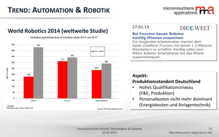 23
MicroMountains Applications AG
Innovationforum Smarte Technologien & Systeme
25.02.2015
TREND: AUTOMATION & ROBOTIK
World Robotics 2014 (weltweite Studie)
27.01.15
Bei Foxconn bauen Roboter
künftig iPhones zusammen
Die steigenden Arbeitskosten machen dem
Apple-Zulieferer Foxconn mit seinen 1,3 Millionen
Mitarbeitern zu schaffen. Künftig sollen eine
Million Roboter Smartphones wie das iPhone
zusammenbauen.
Aspekt:
Produktionsstandort Deutschland
• Hohes Qualifikationsniveau
(F&E, Produktion)
• Personalkosten nicht mehr dominant
(Energiekosten und Anlagentechnik)
 