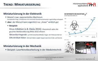 4
MicroMountains Applications AG
Innovationforum Smarte Technologien & Systeme
25.02.2015
Miniaturisierung in der Elektronik
 Moore’s Law: exponentielles Wachstum
Komplexität integr. Schaltkreise mit minimalen Komponentenkosten regelmäßig verdoppelt
 aber: der Mensch kann eigentlich nur „linear“ wirklich gut
 Beispiele
Virus-Infektion (z.B. Ebola 2014): theoretisch wäre die
gesamte Weltbevölkerung Mitte 2016 infiziert
Weizenkornlegende: auf 64 Schachbrettfelder liegen 18 Trillionen Körner
DIN-A4-Blatt falten: 50 mal Falten ergibt Stapel zwischen Erde und Sonne
TREND: MINIATURISIERUNG
Miniaturisierung in der Mechanik
 Beispiel: Laserfeinstbearbeitung in der Medizintechnik
 