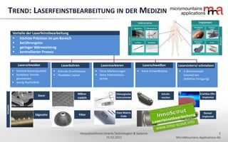 5
MicroMountains Applications AG
Innovationforum Smarte Technologien & Systeme
25.02.2015
 höchste Präzision im µm-Bereich
 berührungslos
 geringer Wärmeeintrag
 kontrollierter Prozess
Vorteile der Laserfeinstbearbeitung
Laserschneiden
Sägezahn
miyachiamerica.com
Stent
industrial-lasers.com
 höchste Kantenqualität
 komplexe Schnitt-
geometrien
 wenig Nacharbeit
Beispiele
Lasermarkieren
Data Matrix
Code
lasea.eu
Chirurgische
Instrumente
industrial-lasers.com
 Feine Markierungen
 Hohe Informations-
dichte
Laserbohren
Filter
industrial-lasers.com
Mikro-
nadeln
med-techinnovation.com
 Kleinste Durchmesser
 Flexibeles Layout
Laserschweißen
Sensor-
kabel
laserstar.net
Schritt-
macher
industrial-lasers.com
 Feine Schweißnähte
Lasersintern/-schmelzen
Dental-
implantat
eos.com
Cochlea Ohr-
implantat
industrial-lasers.com
 3-dimensionale
Geometrien
(Additive Fertigung)
TREND: LASERFEINSTBEARBEITUNG IN DER MEDIZIN
 