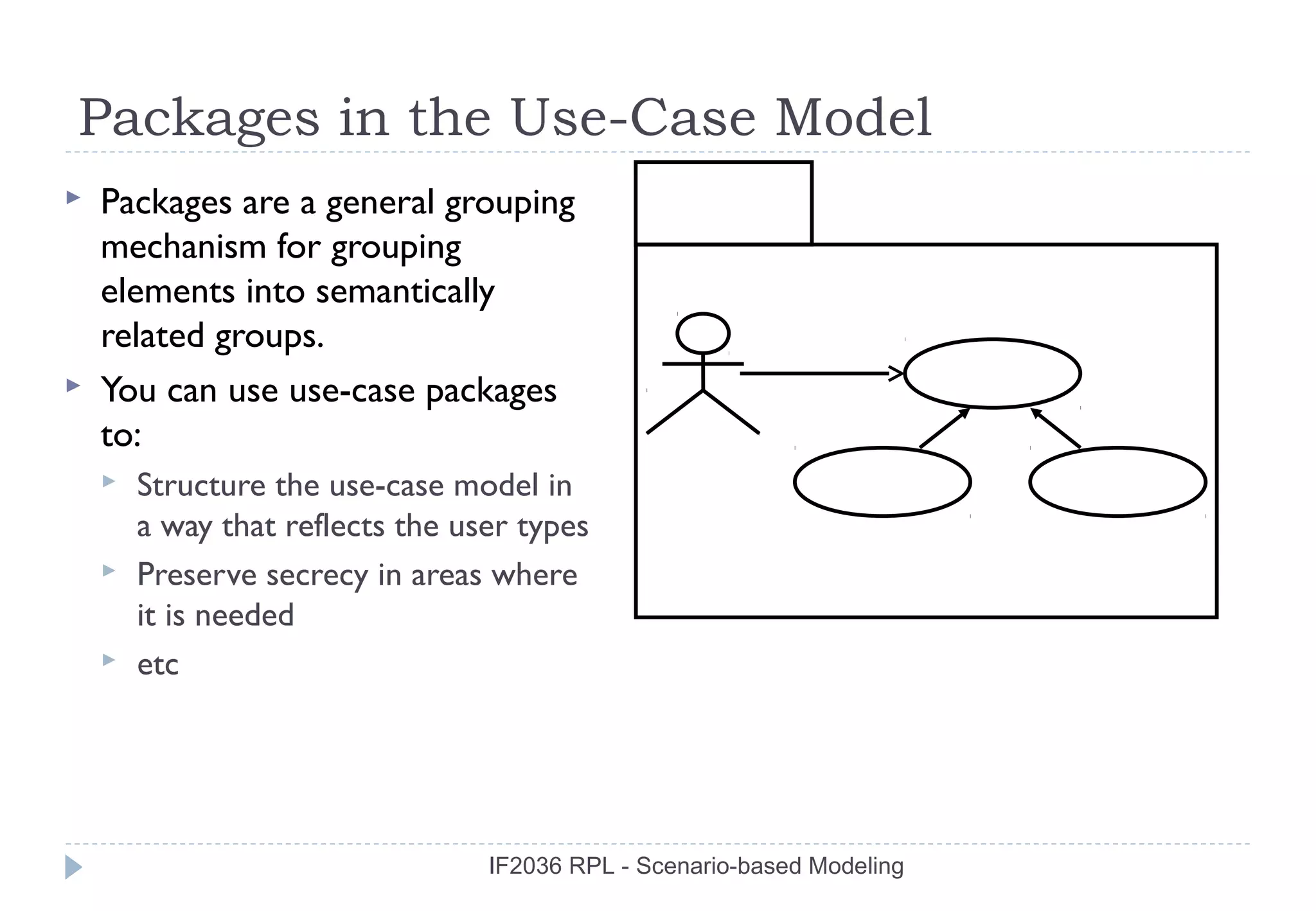 Packages in the Use-Case Model
   Packages are a general grouping
    mechanism for grouping
    elements into semantically
    related groups.
   You can use use-case packages
    to:
       Structure the use-case model in
        a way that reflects the user types
       Preserve secrecy in areas where
        it is needed
       etc




                                  IF2036 RPL - Scenario-based Modeling
 