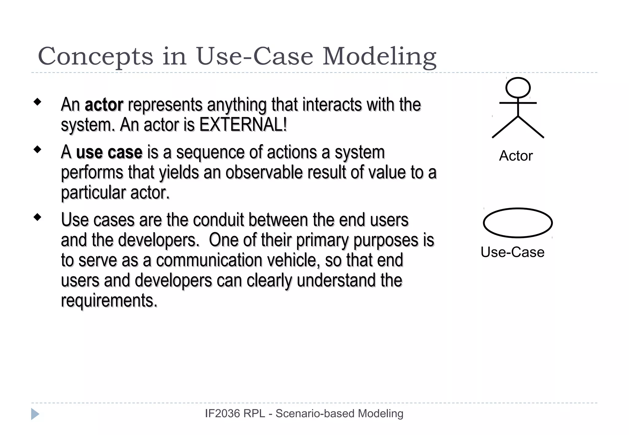 Concepts in Use-Case Modeling
 An actor represents anything that interacts with the
  system. An actor is EXTERNAL!
 A use case is a sequence of actions a system                   Actor
  performs that yields an observable result of value to a
  particular actor.
 Use cases are the conduit between the end users
  and the developers. One of their primary purposes is
                                                               Use-Case
  to serve as a communication vehicle, so that end
  users and developers can clearly understand the
  requirements.




                        IF2036 RPL - Scenario-based Modeling
 