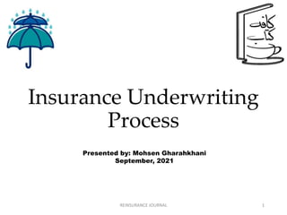 Insurance Underwriting
Process
1
REINSURANCE JOURNAL
Presented by: Mohsen Gharahkhani
September, 2021
 