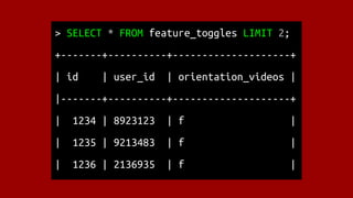 > SELECT * FROM feature_toggles LIMIT 2;
+-------+----------+--------------------+
| id | user_id | orientation_videos |
|-------+----------+--------------------+
| 1234 | 8923123 | f |
| 1235 | 9213483 | f |
| 1236 | 2136935 | f |
 