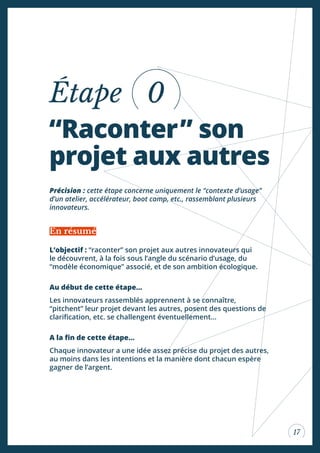 17
“Raconter” son
projet aux autres
Étape
Précision : cette étape concerne uniquement le “contexte d’usage”
d’un atelier, accélérateur, boot camp, etc., rassemblant plusieurs
innovateurs.
L’objectif : “raconter” son projet aux autres innovateurs qui
le découvrent, à la fois sous l’angle du scénario d’usage, du
“modèle économique” associé, et de son ambition écologique.
Au début de cette étape...
Les innovateurs rassemblés apprennent à se connaître,
“pitchent” leur projet devant les autres, posent des questions de
clariication, etc. se challengent éventuellement...
A la in de cette étape...
Chaque innovateur a une idée assez précise du projet des autres,
au moins dans les intentions et la manière dont chacun espère
gagner de l’argent.
En résumé
0
 