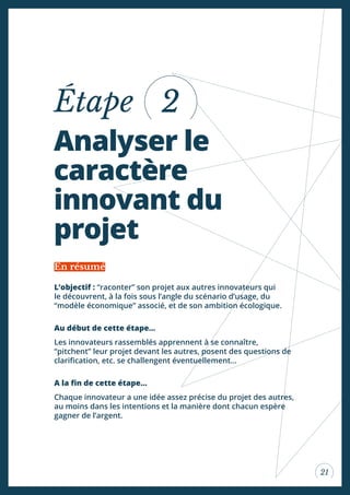 21
Analyser le
caractère
innovant du
projet
Étape
L’objectif : “raconter” son projet aux autres innovateurs qui
le découvrent, à la fois sous l’angle du scénario d’usage, du
“modèle économique” associé, et de son ambition écologique.
Au début de cette étape...
Les innovateurs rassemblés apprennent à se connaître,
“pitchent” leur projet devant les autres, posent des questions de
clariication, etc. se challengent éventuellement...
A la in de cette étape...
Chaque innovateur a une idée assez précise du projet des autres,
au moins dans les intentions et la manière dont chacun espère
gagner de l’argent.
En résumé
2
 