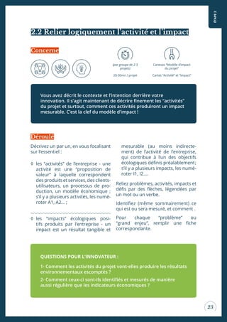 ÉTAPE2
23
2.2 Relier logiquement l’activité et l’impact
Vous avez décrit le contexte et l’intention derrière votre
innovation. Il s’agit maintenant de décrire inement les “activités”
du projet et surtout, comment ces activités produiront un impact
mesurable. C’est la clef du modèle d’impact !
Concerne
(par groupe de 2-3
projets)
20-30mn / projet
Canevas “Modèle d’impact
du projet”
Cartes “Activité” et “Impact”
Décrivez un par un, en vous focalisant
sur l’essentiel :
◊ les “activités” de l’entreprise - une
activité est une “proposition de
valeur” à laquelle correspondent
des produits et services, des clients-
utilisateurs, un processus de pro-
duction, un modèle économique ;
s’il y a plusieurs activités, les numé-
roter A1, A2… ;
◊ les “impacts” écologiques posi-
tifs produits par l’entreprise - un
impact est un résultat tangible et
mesurable (au moins indirecte-
ment) de l’activité de l’entreprise,
qui contribue à l’un des objectifs
écologiques déinis préalablement;
s’il y a plusieurs impacts, les numé-
roter I1, I2….
Reliez problèmes, activités, impacts et
déis par des lèches, légendées par
un mot ou un verbe.
Identiiez (même sommairement) ce
qui est ou sera mesuré, et comment .
Pour chaque “problème” ou
“grand enjeu”, remplir une iche
correspondante.
QUESTIONS POUR L’INNOVATEUR :
1- Comment les activités du projet vont-elles produire les résultats
environnementaux escomptés ?
2- Comment ceux-ci sont-ils identiiés et mesurés de manière
aussi régulière que les indicateurs économiques ?
Déroulé
 