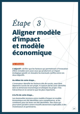 24
Aligner modèle
d’impact
et modèle
économique
Étape
L’objectif : vériier que les facteurs qui permettront à l’innovation
d’être rentable sont aussi ceux qui produiront un impact
écologique positif, et résoudre les éventuels conlits entre ces
deux objectifs.
Au début de cette étape...
L’innovateur identiie les facteurs-clés de succès, ceux dont
dépend le succès de son projet. Il s’assure de les avoir identiiés
dans la dimension économique et d’impact du projet. Il les
hiérarchise et ne conserve que les plus importants.
A la in de cette étape...
Les éventuelles tensions entre modèle d’impact et modèle
économique ont été identiiées sans complaisance, et les
conditions pour les lever ont été identiiées. Des choix qui
pourraient paraître contre-intuitifs deviennent explicables à des
investisseurs et partenaires.
En résumé
3
 