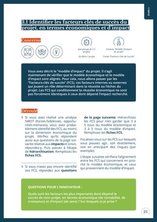 ÉTAPE3
25
3.1 Identiier les facteurs clés de succès du
projet, en termes économiques et d’impact
◊ Si vous avez réalisé une analyse
SWOT (forces-faiblesses, opportu-
nités-menaces), vous avez proba-
blement identiié des FCS, au moins
sur la dimension économique du
projet. Vériiez qu’ils répondent
aussi aux questions de la page sui-
vante relative aux impacts et sinon,
répondez-y. Puis passez à l’étape
de hiérarchisation. Remplissez les
iches FCS.
◊ Si vous n’avez pas encore identiié
vos FCS, répondez aux questions
de la page suivante. Hiérarchisez
les FCS pour n’en garder que 3 à
5 issus du modèle économique et
3 à 5 issus du modèle d’impact.
Remplissez les iches FCS.
Focalisez-vous sur les FCS sur lesquels
vous pouvez agir, soit directement,
soit en anticipant des risques (par
exemple).
L’étape suivante vériiera l’alignement
entre les FCS qui concernent en prio-
rité le modèle économique, et ceux
qui proviennent du modèle d’impact.
Vous avez décrit le “modèle d’impact” du projet. Il s’agit
maintenant de vériier que le modèle économique et le modèle
d’impact sont alignés. Pour cela, nous allons passer par les
“Facteurs-clés de succès” (FCS), ces facteurs internes ou externes
qui jouent un rôle déterminant dans la réussite ou l’échec du
projet. Les FCS qui conditionnent la réussite économique ne sont
pas forcément identiques à ceux dont dépend l’impact recherché.
QUESTIONS POUR L’INNOVATEUR :
Quels sont les facteurs les plus importants dont dépend le
succès de mon projet, en termes économique (de rentabilité, de
croissance) et d’impact (de sens) ? Sur lesquels ai-je prise ?
Déroulé
Concerne
(par groupe de 2-3
projets)
20-30mn / projet
Canevas “Modèle d’impact
du projet”
Cartes “Facteurs Clés de Succès”
 
